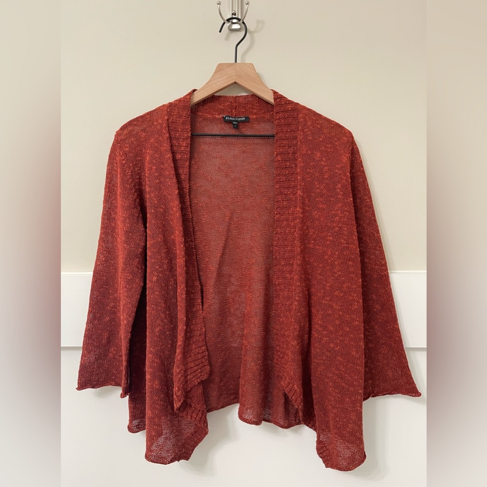 Eileen Fisher Copper Orange Linen Blend Open Front Cardigan Size Small - Picture 3 of 6